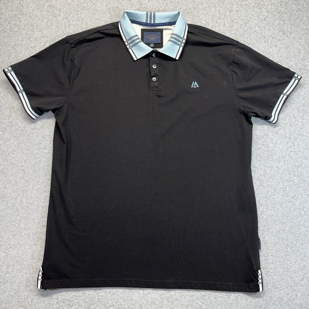 Marc Asher Polo Shirt Men’s XL Black Baby Blue Collar Cuffs Short Sleeve